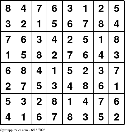 The grouppuzzles.com Answer grid for the Sudoku-8 puzzle for Thursday June 18, 2026
