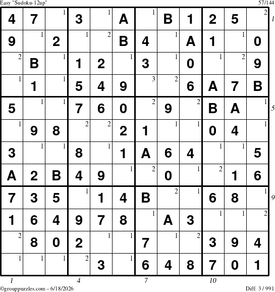 The grouppuzzles.com Easy Sudoku-12up puzzle for Thursday June 18, 2026, suitable for printing, with all 3 steps marked