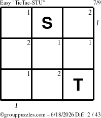 The grouppuzzles.com Easy TicTac-STU puzzle for Thursday June 18, 2026, suitable for printing, with all 2 steps marked