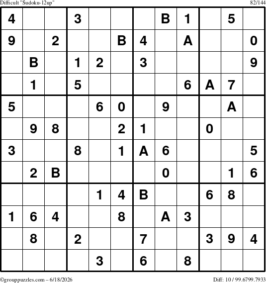 The grouppuzzles.com Difficult Sudoku-12up puzzle for Thursday June 18, 2026