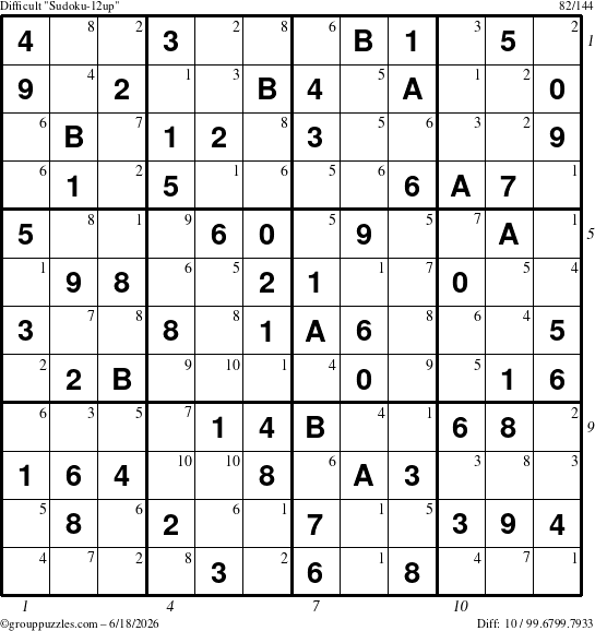 The grouppuzzles.com Difficult Sudoku-12up puzzle for Thursday June 18, 2026, suitable for printing, with all 10 steps marked