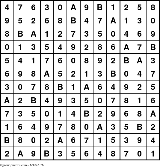 The grouppuzzles.com Answer grid for the Sudoku-12up puzzle for Thursday June 18, 2026