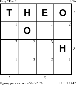 The grouppuzzles.com Easy Theo puzzle for Tuesday May 26, 2026, suitable for printing, with all 3 steps marked