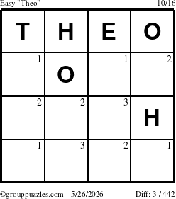 The grouppuzzles.com Easy Theo puzzle for Tuesday May 26, 2026 with the first 3 steps marked