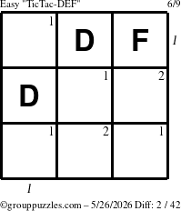 The grouppuzzles.com Easy TicTac-DEF puzzle for Tuesday May 26, 2026 with all 2 steps marked