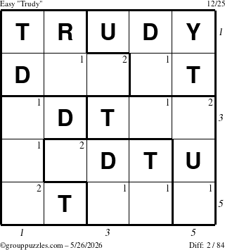 The grouppuzzles.com Easy Trudy puzzle for Tuesday May 26, 2026, suitable for printing, with all 2 steps marked