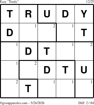 The grouppuzzles.com Easy Trudy puzzle for Tuesday May 26, 2026 with the first 2 steps marked