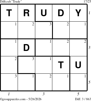 The grouppuzzles.com Difficult Trudy puzzle for Tuesday May 26, 2026, suitable for printing, with all 3 steps marked