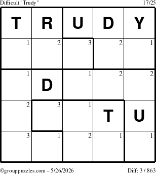 The grouppuzzles.com Difficult Trudy puzzle for Tuesday May 26, 2026 with the first 3 steps marked