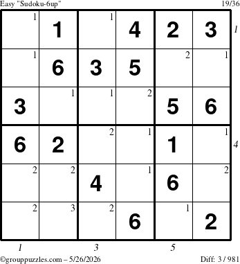 The grouppuzzles.com Easy Sudoku-6up puzzle for Tuesday May 26, 2026, suitable for printing, with all 3 steps marked