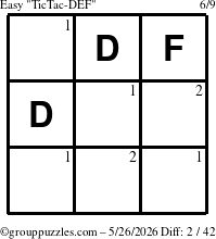 The grouppuzzles.com Easy TicTac-DEF puzzle for Tuesday May 26, 2026 with the first 2 steps marked