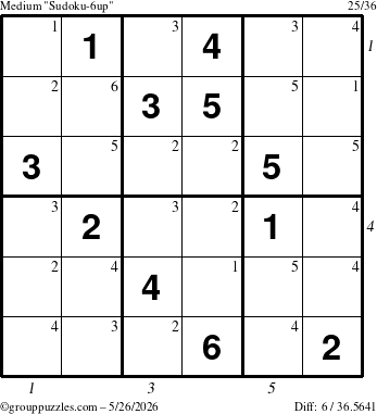 The grouppuzzles.com Medium Sudoku-6up puzzle for Tuesday May 26, 2026, suitable for printing, with all 6 steps marked