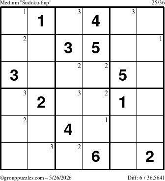 The grouppuzzles.com Medium Sudoku-6up puzzle for Tuesday May 26, 2026 with the first 3 steps marked