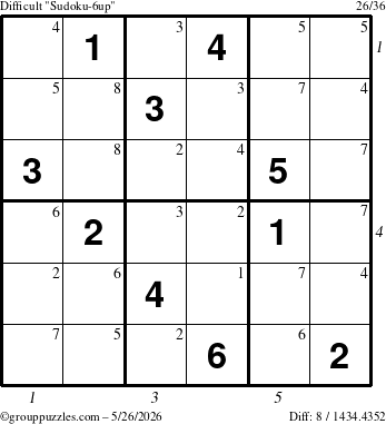The grouppuzzles.com Difficult Sudoku-6up puzzle for Tuesday May 26, 2026, suitable for printing, with all 8 steps marked