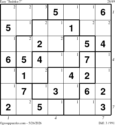 The grouppuzzles.com Easy Sudoku-7 puzzle for Tuesday May 26, 2026, suitable for printing, with all 3 steps marked