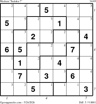 The grouppuzzles.com Medium Sudoku-7 puzzle for Tuesday May 26, 2026, suitable for printing, with all 5 steps marked
