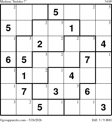 The grouppuzzles.com Medium Sudoku-7 puzzle for Tuesday May 26, 2026 with the first 3 steps marked