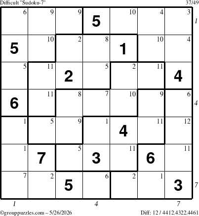 The grouppuzzles.com Difficult Sudoku-7 puzzle for Tuesday May 26, 2026 with all 12 steps marked