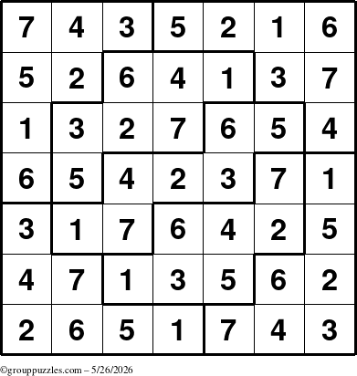 The grouppuzzles.com Answer grid for the Sudoku-7 puzzle for Tuesday May 26, 2026