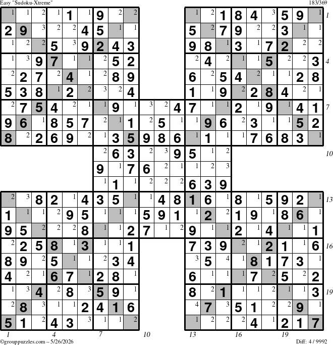 The grouppuzzles.com Easy Sudoku-Xtreme puzzle for Tuesday May 26, 2026 with all 4 steps marked