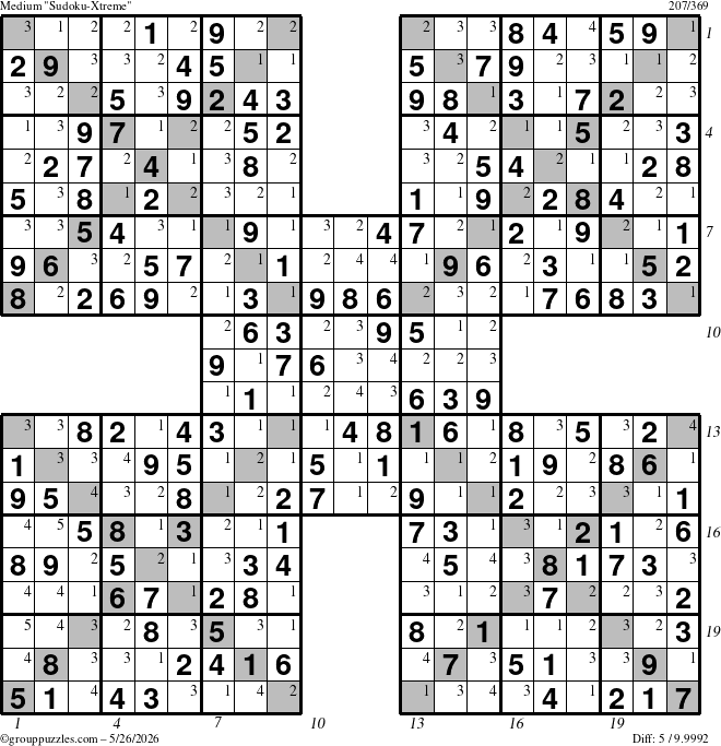 The grouppuzzles.com Medium Sudoku-Xtreme puzzle for Tuesday May 26, 2026, suitable for printing, with all 5 steps marked