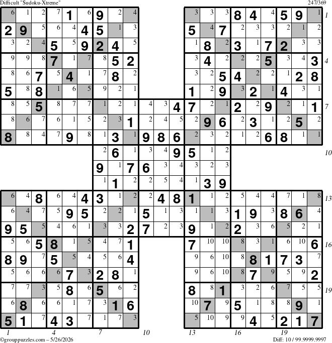 The grouppuzzles.com Difficult Sudoku-Xtreme puzzle for Tuesday May 26, 2026 with all 10 steps marked
