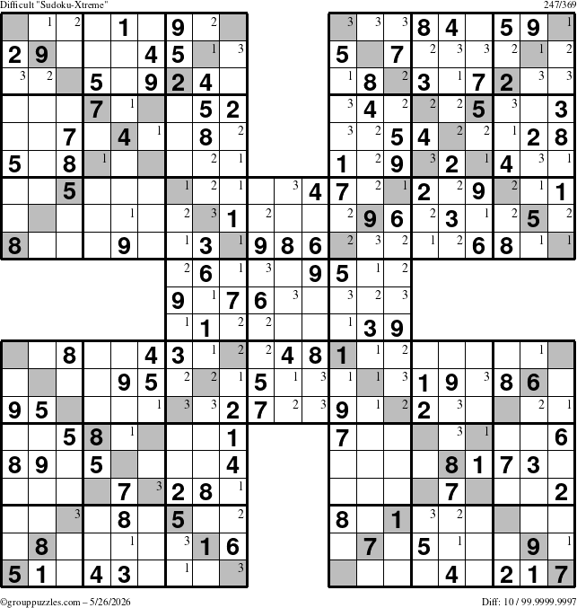 The grouppuzzles.com Difficult Sudoku-Xtreme puzzle for Tuesday May 26, 2026 with the first 3 steps marked