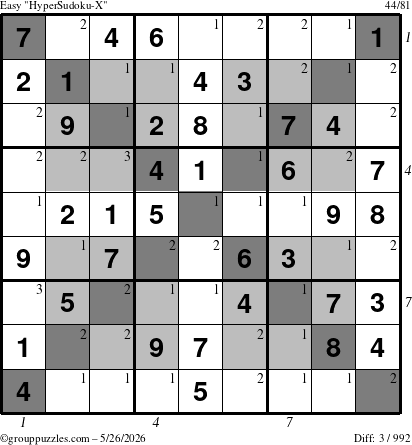 The grouppuzzles.com Easy HyperSudoku-X puzzle for Tuesday May 26, 2026 with all 3 steps marked