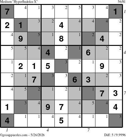 The grouppuzzles.com Medium HyperSudoku-X puzzle for Tuesday May 26, 2026 with all 5 steps marked
