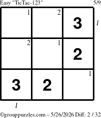The grouppuzzles.com Easy TicTac-123 puzzle for Tuesday May 26, 2026, suitable for printing, with all 2 steps marked