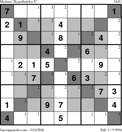 The grouppuzzles.com Medium HyperSudoku-X puzzle for Tuesday May 26, 2026 with the first 3 steps marked