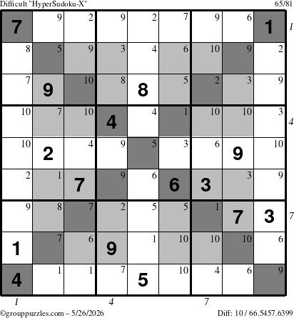 The grouppuzzles.com Difficult HyperSudoku-X puzzle for Tuesday May 26, 2026 with all 10 steps marked