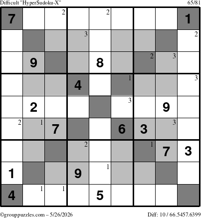 The grouppuzzles.com Difficult HyperSudoku-X puzzle for Tuesday May 26, 2026 with the first 3 steps marked