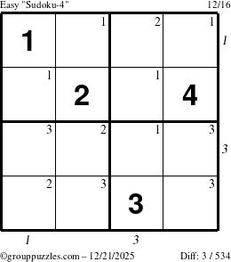 The grouppuzzles.com Easy Sudoku-4 puzzle for Sunday December 21, 2025, suitable for printing, with all 3 steps marked