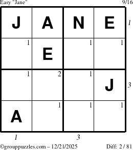 The grouppuzzles.com Easy Jane puzzle for Sunday December 21, 2025, suitable for printing, with all 2 steps marked