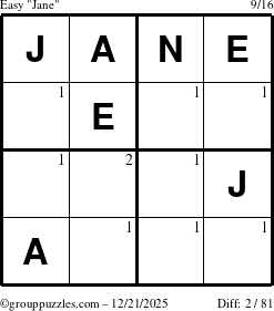 The grouppuzzles.com Easy Jane puzzle for Sunday December 21, 2025 with the first 2 steps marked