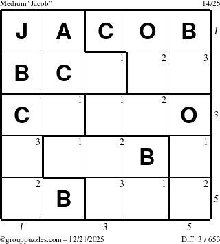 The grouppuzzles.com Medium Jacob puzzle for Sunday December 21, 2025, suitable for printing, with all 3 steps marked