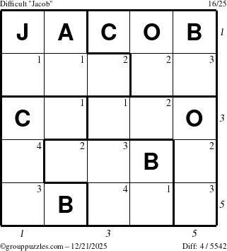 The grouppuzzles.com Difficult Jacob puzzle for Sunday December 21, 2025 with all 4 steps marked