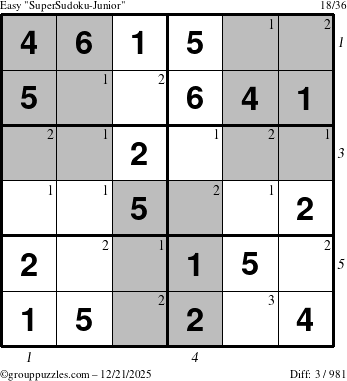 The grouppuzzles.com Easy SuperSudoku-Junior puzzle for Sunday December 21, 2025, suitable for printing, with all 3 steps marked