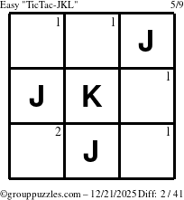 The grouppuzzles.com Easy TicTac-JKL puzzle for Sunday December 21, 2025 with the first 2 steps marked
