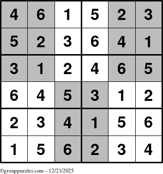 The grouppuzzles.com Answer grid for the SuperSudoku-Junior puzzle for Sunday December 21, 2025