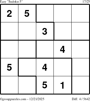 The grouppuzzles.com Easy Sudoku-5 puzzle for Sunday December 21, 2025