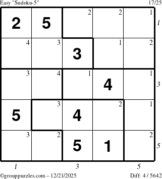 The grouppuzzles.com Easy Sudoku-5 puzzle for Sunday December 21, 2025, suitable for printing, with all 4 steps marked
