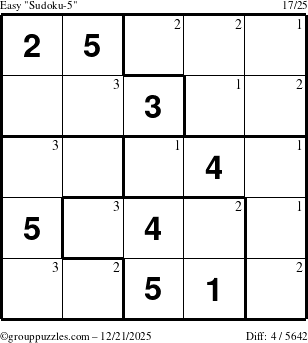 The grouppuzzles.com Easy Sudoku-5 puzzle for Sunday December 21, 2025 with the first 3 steps marked