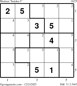 The grouppuzzles.com Medium Sudoku-5 puzzle for Sunday December 21, 2025 with all 5 steps marked