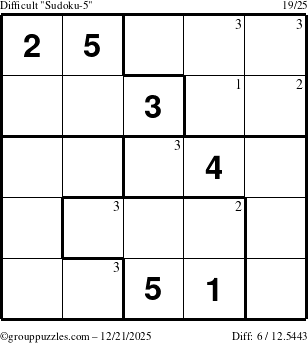 The grouppuzzles.com Difficult Sudoku-5 puzzle for Sunday December 21, 2025 with the first 3 steps marked