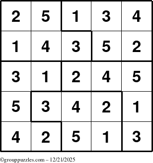 The grouppuzzles.com Answer grid for the Sudoku-5 puzzle for Sunday December 21, 2025