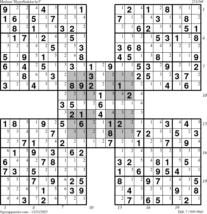 The grouppuzzles.com Medium HyperSudoku-by5 puzzle for Sunday December 21, 2025 with all 7 steps marked