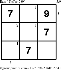The grouppuzzles.com Easy TicTac-789 puzzle for Sunday December 21, 2025 with all 2 steps marked