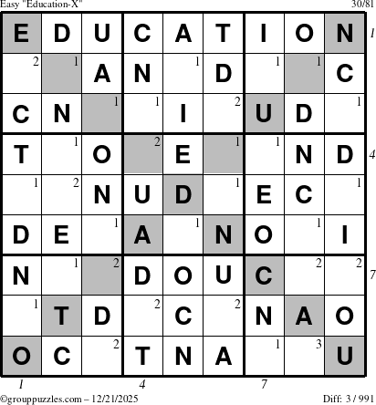 The grouppuzzles.com Easy Education-X puzzle for Sunday December 21, 2025, suitable for printing, with all 3 steps marked
